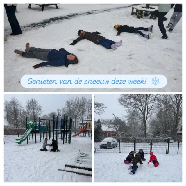 Wat heerlijk om met je klasgenoten te kunnen spelen in de sneeuw! Sneeuwpoppen, andere bouwwerken, een sneeuwengel maken; wij hebben genoten! ❄️🎉